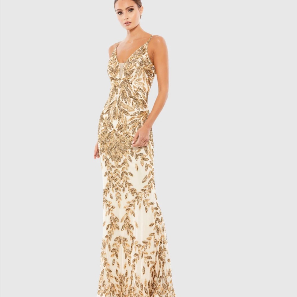 NWT Mac Duggal Embellished Leaf Evening Gown Nude Gold - Picture 2 of 7